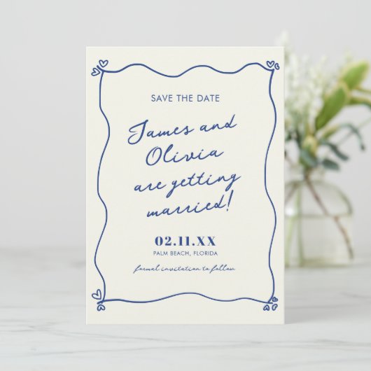 Whimsical Blauwe Hand Getrokken Bruiloft Save The Date (Staand voorkant)