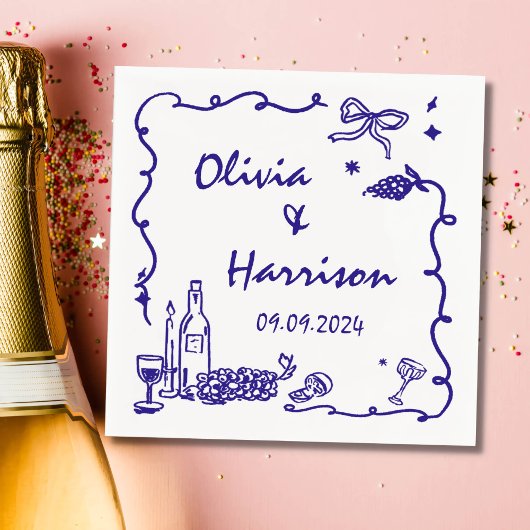 Whimsical Blauwe Hand Getrokken Bruiloft Servet