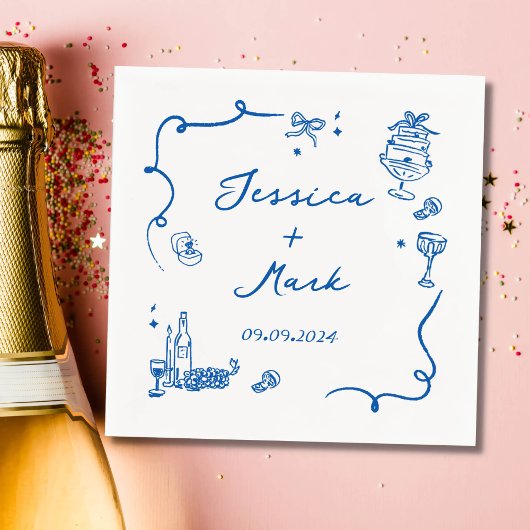 Whimsical Blauwe Hand Getrokken Bruiloft Servet