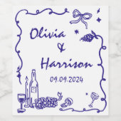 Whimsical Blauwe Hand Getrokken Bruiloft Wijn Etiket (Enkel label)