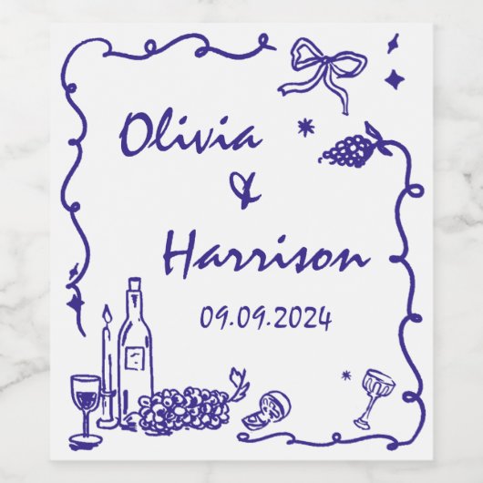 Whimsical Blauwe Hand Getrokken Bruiloft Wijn Etiket (Enkel label)