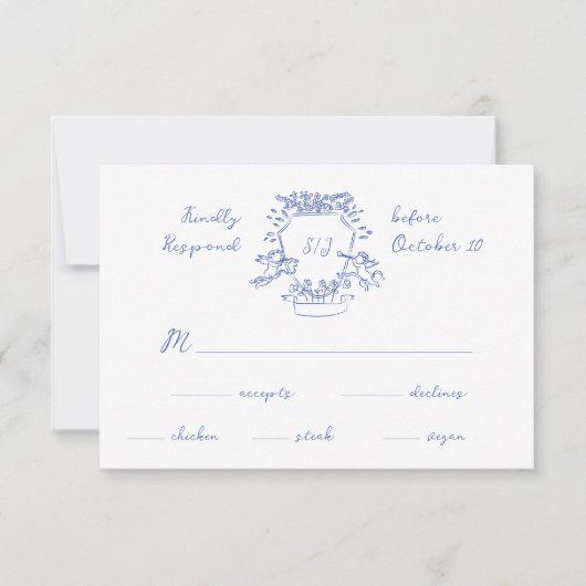 Whimsical Blauwe Hand getrokken Crest Monogram | B RSVP Kaartje (Voorkant)