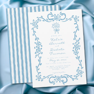 Whimsical blauwe handgetekende bloemstreep bruilof kaart