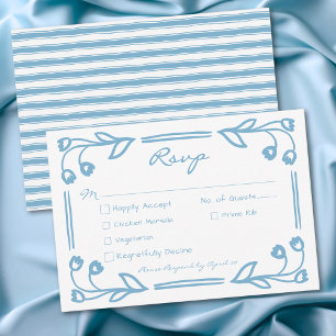 Whimsical blauwe handgetekende bloemstreep bruilof RSVP kaartje
