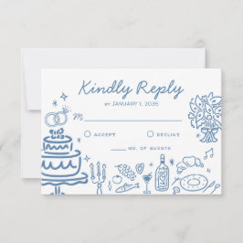 Whimsical Blauwe Handgetekende Doodles Huwelijksre RSVP Kaartje