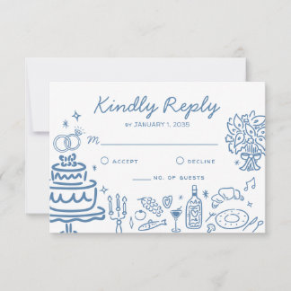 Whimsical Blauwe Handgetekende Doodles Huwelijksre RSVP Kaartje