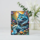 Whimsical Blauwe Kat en Bloemenoase Briefkaart (Staand voorkant)