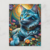 Whimsical Blauwe Kat en Bloemenoase Briefkaart (Voorkant)