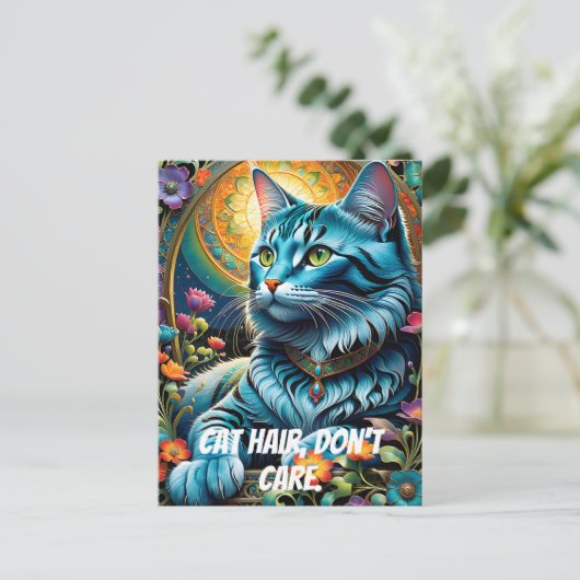 Whimsical Blauwe Kat en Bloemenoase Briefkaart (Staand voorkant)