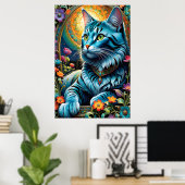 Whimsical Blauwe Kat en Bloemenoase Poster (Thuiskantoor)
