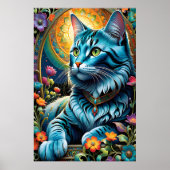 Whimsical Blauwe Kat en Bloemenoase Poster (Voorkant)
