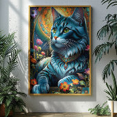 Whimsical Blauwe Kat en Bloemenoase Poster