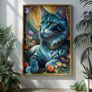 Whimsical Blauwe Kat en Bloemenoase Poster