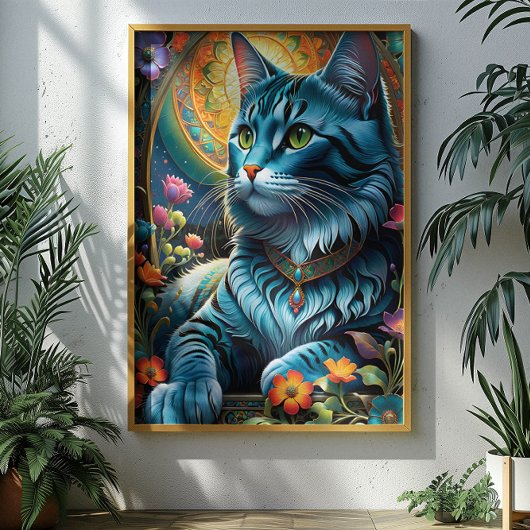 Whimsical Blauwe Kat en Bloemenoase Poster