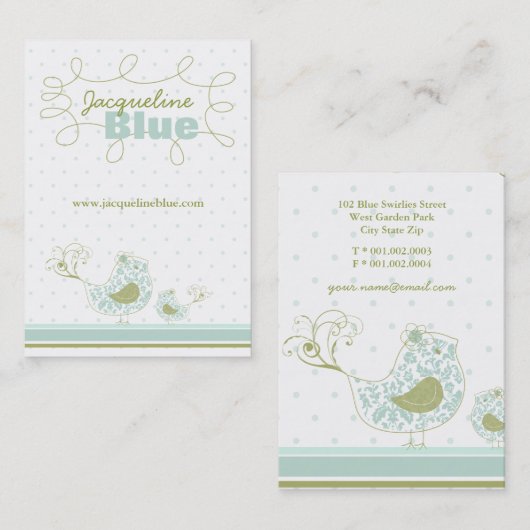 Whimsical Blauwe Mama En Baby Vogel Damast Swirls Visitekaartje (Voorkant / Achterkant)