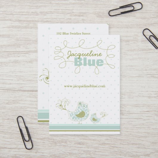 Whimsical Blauwe Mama En Baby Vogel Damast Swirls Visitekaartje (Voorkant / Achterkant in situ)
