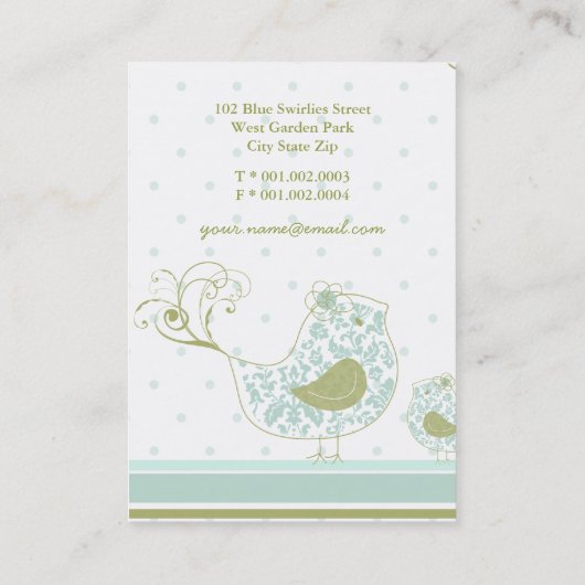 Whimsical Blauwe Mama En Baby Vogel Damast Swirls Visitekaartje (Achterkant)