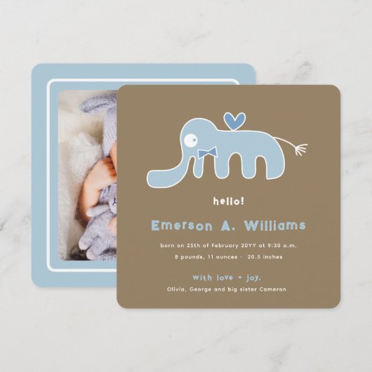 Whimsical Blauwe Olifant Liefde Baby Jongen Foto G Aankondiging (Voorkant / Achterkant)