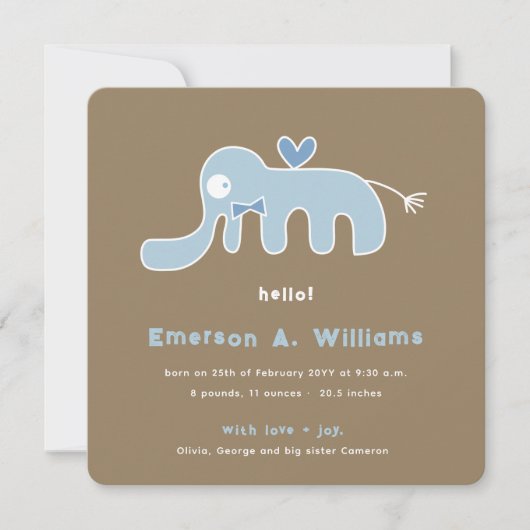 Whimsical Blauwe Olifant Liefde Baby Jongen Foto G Aankondiging (Voorkant)