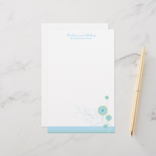 Whimsical Blauwe Sneeuwbloem wervelt Winter Bruilo Briefpapier (Voorkant / Achterkant in situ)
