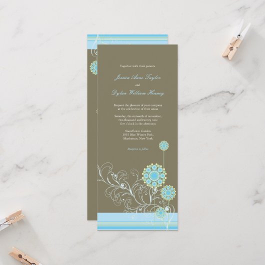 Whimsical Blauwe Sneeuwbloem wervelt Winter Bruilo Kaart (Voorkant / Achterkant in situ)