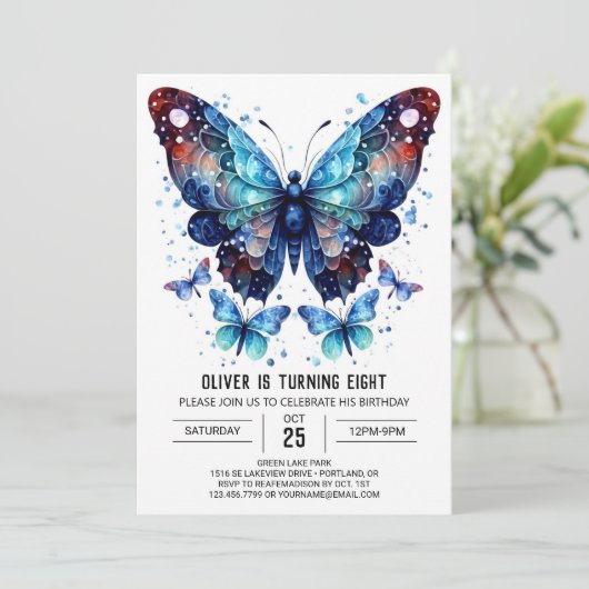 Whimsical Blauwe Vlinder Jongen Verjaardag Kaart (Staand voorkant)