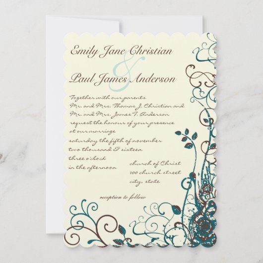 Whimsical Blauwgroen & Brown Swirl Wedding Invitat Kaart (Voorkant)