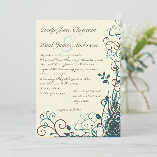 Whimsical Blauwgroen & Brown Swirl Wedding Invitat Kaart (Staand voorkant)