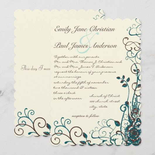 Whimsical Blauwgroen & Brown Swirl Wedding Invitat Kaart (Voorkant / Achterkant)