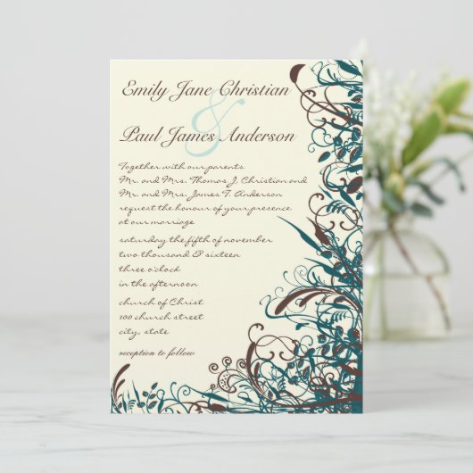 Whimsical Blauwgroen & Brown Swirls Wedding Invita Kaart (Staand voorkant)