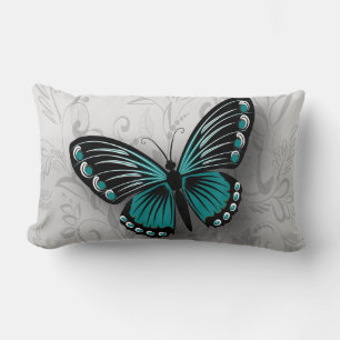 Whimsical Blauwgroen Butterfly op Grey Floral Kussen