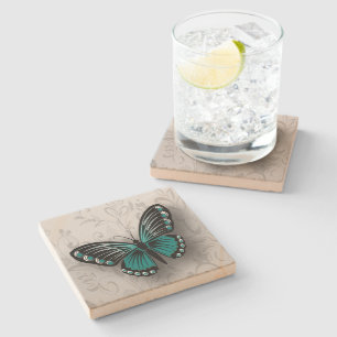 Whimsical Blauwgroen Butterfly op Grey Floral Stenen Onderzetter