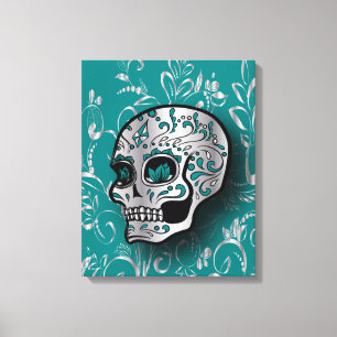 Whimsical Blauwgroen en Silver Sugar Skull Canvas Afdruk