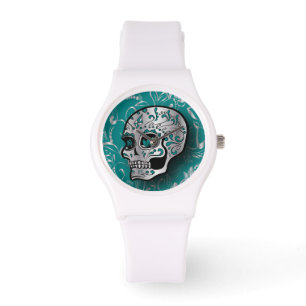 Whimsical Blauwgroen en Silver Sugar Skull Horloge
