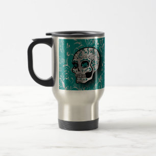 Whimsical Blauwgroen en Silver Sugar Skull Reisbeker