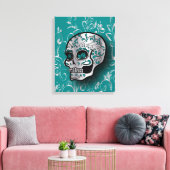 Whimsical Blauwgroen en Zilveren Suikerschedel Canvas Afdruk (Insitu (Woonkamer))
