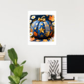 Whimsical Blauwgroen pompoen met Golden Bow Poster (Thuiskantoor)