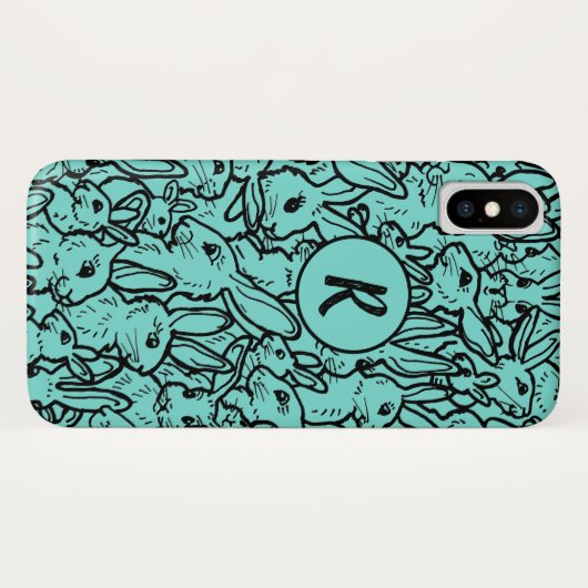 Whimsical Blauwgroen Rabbit Bunny Drawing Monogram Case-Mate iPhone Case (Achterkant (horizontaal))