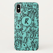 Whimsical Blauwgroen Rabbit Bunny Drawing Monogram Case-Mate iPhone Case (Achterkant)