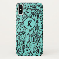Whimsical Blauwgroen Rabbit Bunny Drawing Monogram