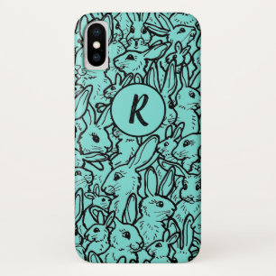 Whimsical Blauwgroen Rabbit Bunny Drawing Monogram Case-Mate iPhone Case