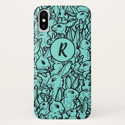 Whimsical Blauwgroen Rabbit Bunny Drawing Monogram Case-Mate iPhone Case (Achterkant)