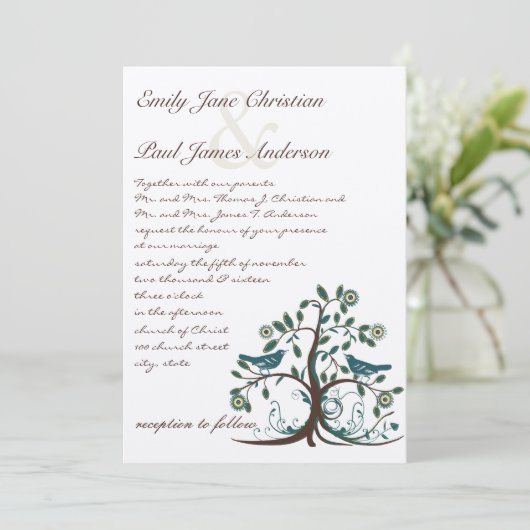 Whimsical Blauwgroen Yellow & Brown Tree Wedding Kaart (Staand voorkant)