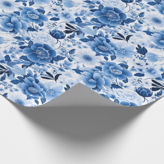 Whimsical Bliss: Blauw en Wit Cadeaupapier (Hoek)