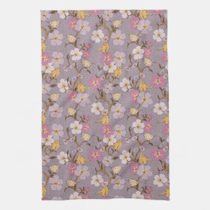 Whimsical Bloeiende Bloemen en Vogels - Lavendel Theedoek