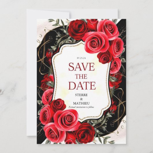 Whimsical Bloem Crimson Rode Rozen Bruiloft Save The Date (Voorkant)