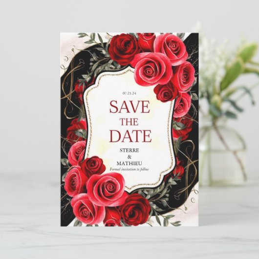 Whimsical Bloem Crimson Rode Rozen Bruiloft Save The Date (Staand voorkant)