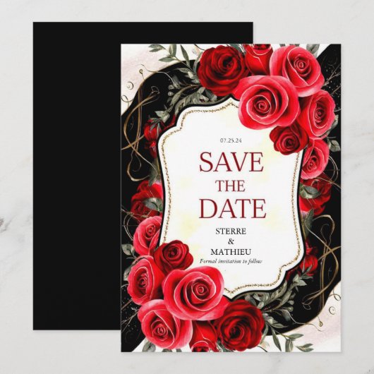 Whimsical Bloem Crimson Rode Rozen Bruiloft Save The Date (Voorkant / Achterkant)