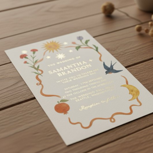 Whimsical Bloem- en Hemelgouden Bruiloft Folie Uitnodiging