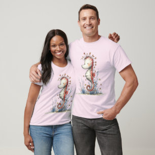 Whimsical Bloem Zeepaard Watercolor Oceandier T-shirt